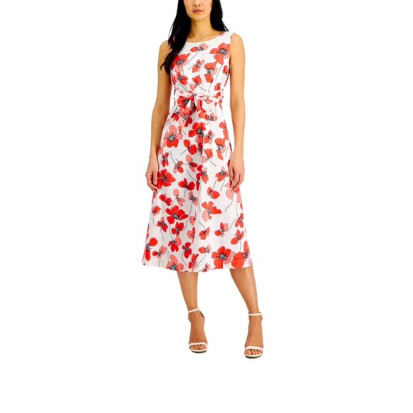 Anne Klein Petite Floral-print Midi Dress in Bright White/ Red Pear combo - Picture 5 of 5